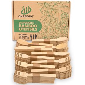 Disposable Bamboo Utensils, 200 Pack | 100% Bamboo Cutlery NOT Wooden Cutlery | Eco-Friendly Compostable Cutlery | 100% Biodegradable Utensils | 100 Bamboo forks, 50 Knives, 50 Spoons…