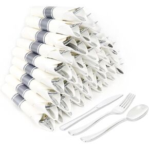 50 Pack Pre Rolled Gold Plastic Silverware Set,Wrapped Plastic Cutlery Set with Napkin Include 50 Plastic Forks,50 Plastic Spoons,50 Plastic Knives and 50 Black Napkins for Party, Wedding