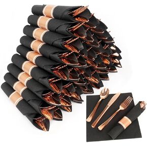 50 Pack Pre Rolled Gold Plastic Silverware Set,Wrapped Plastic Cutlery Set with Napkin Include 50 Plastic Forks,50 Plastic Spoons,50 Plastic Knives and 50 Black Napkins for Party, Wedding