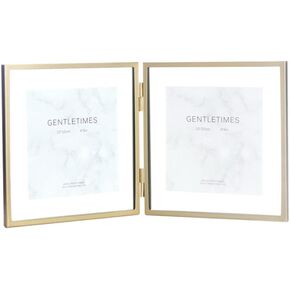Rikyo Gold Double Folding Photo Frame,Hinged Picture Frames with Glass Front, Ornament Plant Specimen Clip,Double Display Holder Desk Vertical Frame 4x4 or 5X5 Photo-Metal Fold Double Page (4X4)