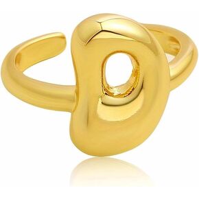خاتم حرف فقاعي ذهبي للنساء، بالون حروف أبجدية مفتوحة أولية من A-Z مصقول ومطلي بالذهب عيار 14 قيراط اسم منتفخ قابل للتعديل مجوهرات هدية in Kuwait