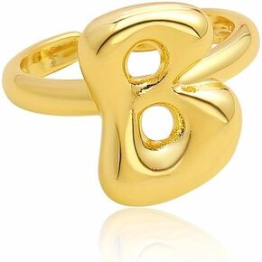 Bubble Letter Ring Gold For Women, Balloon Initial Open Alphabet A-Z Polished 14k Gold Plated Puffy Name Adjustable Statement Gift Jewelry