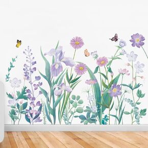 Runtoo Purple Flowers Wall Decal Butterfly Garden Floral Wall Stickers for Girls Bedroom Bathroom Nursery Wall Decor