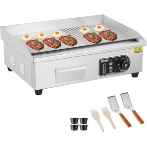 VEVOR Commercial Electric Griddle, 2800W Countertop Half-Flat Top Grill, 122℉-572℉ Adjustable Temp, 28.74x15.75x0.39in Stainless Steel Griddle Grill with 2 Shovels and 2 Brushes for Home or Restaurant