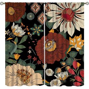 Boho Floral Curtain for Bedrooms,Abstract Mid Century Morden Bohemian Decor Drapes for Girls Women Home Window Curtains 42x45 Inch, Black Red
