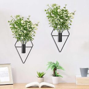 Yorkmills Plant Wall Decor with Red Artificial Flowers in Diamond Hanging Vase Set of 2, Black Metal Wall Planter Decorations Fake Plant Home Wall Decor for Living Room, Dining Room, Bedroom, Bathroom