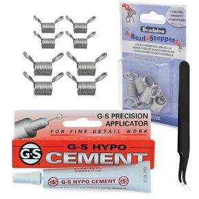 GS Hypo Cement Glue for Jewelry Making (9 ml) - 8 Pack Beadalon Bead Stoppers and Fine Point Precision Tweezers - Adhesive Bundle for Beads, Bracelets, Watch Repair