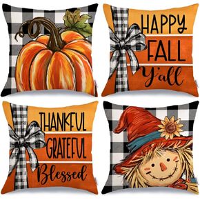 GEEORY Fall Throw Pillow Covers 18x18 Inch Set of 4, Pumpkin Scarecrow Buffalo Plaid Orange Autumn Seasonal Decorative Farmhouse Decoration for Home G563-18