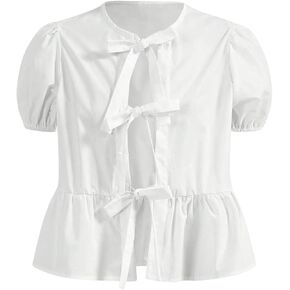 Verdusa Women's Tie Front Puff Sleeve Ruffle Hem Blouse Round Neck Peplum Top