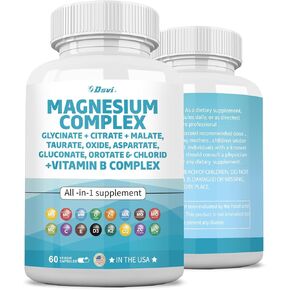 60 Count Magnesium Complex 2285mg with Magnesium Glycinate Citrate Malate Oxide Taurate Aspartate Gluconate Orotate & Mag Chloride, Zinc Copper Manganese & Vitamin C B1 B2 B6 B12 Complex USA