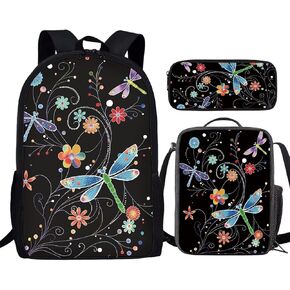3 PCS Cartoon Cute Black White Cat Print Travel Backpack Set for Women Men, Kids Knapsack Rucksack Lunch Box with Thermal Insulated Pen Case