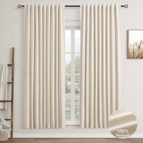 Beige Black Out Curtains 72 Inch Long for Bedroom Hook Belt Thermal Insulated Linen Blackout Curtains 72 Inch Length 2 Panels Set Boho Farmhouse Living Room Darkening Drapes Cotton Textured 52 X 72