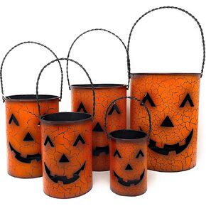 Halloween Lantern Rustic Candle Holder Metal Indoor Outdoor Decoration Jack-O’-Lantern Buckets Lamp Set of 5
