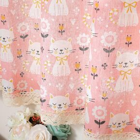 Cute Cat Pink Tier Curtain 1 Panel Vintage Style Cotton Linen Half Curtain for Kitchen Cafe Elegant Floral Lace Hem 56" W x 39.3" L Beige