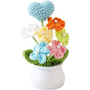Knitting Crochet Flowers Potted Plants, Fake Forget Me Not Flowers and Knitted Heart for Friends, Family and Lover, Artificial Handmade Flowers for Birthday Wedding and Home Decor (Pink)