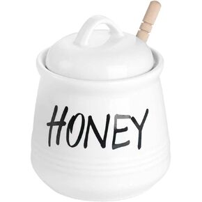 HAOTOP Porcelain Honey Jar with Lid and Honey Dipper 12oz (White)