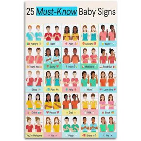 Baby Sign Language Poster 25 Must Know Baby Signs Poster Education Poster Poster for Room Aesthetic Posters & Prints on Canvas Wall Art Poster for Room 12x18inch(30x45cm)