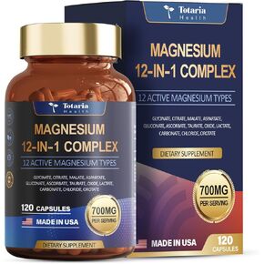 Totaria Magnesium Complex 700mg 12 in 1Magnesium Supplement with Glycinate Citrate Malate Oxide Taurate Aspartate Orotate Magnesium for Sleep,Muscle,Heart Health, Vegan 120 Capsules