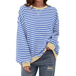 المرأة المتضخم Crewneck البلوز مخطط اللون كتلة طويلة الأكمام عادية فضفاض البلوز القمم Y2K قميص 2024