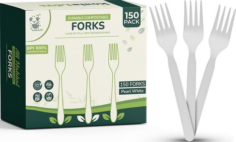 KOALALOVE-150pc 100% Compostable Forks - 150 Large Disposable Utensils. Koala Love, durable and heat resistant alternative to plastic forks with convenient tray in Saudi Arabia