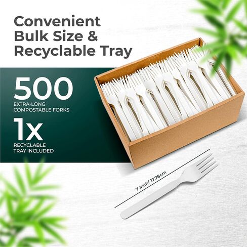 KOALALOVE-150pc 100% Compostable Forks - 150 Large Disposable Utensils. Koala Love, durable and heat resistant alternative to plastic forks with convenient tray in Saudi Arabia