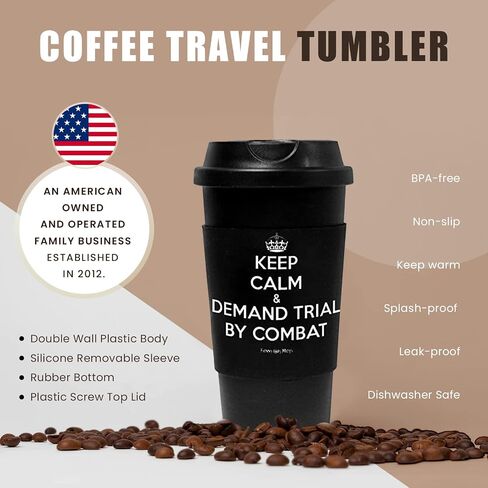 Funny Guy Mugs Keep Calm & Demand Trial By Combat Travel Tumbler With Removable Insulated Silicone Sleeve, Black, 16-Ounce in Saudi Arabia
