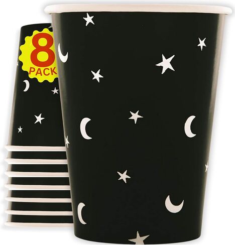 Disposable Party Witch Paper Plates - Moon Star Cups - Recyclable Birthday Moon and Stars, Witchy, Ghost Plates for Party - For Birthday, Goth Party, Cat Birthday -Black - 7inch (Set of 16) in Saudi Arabia