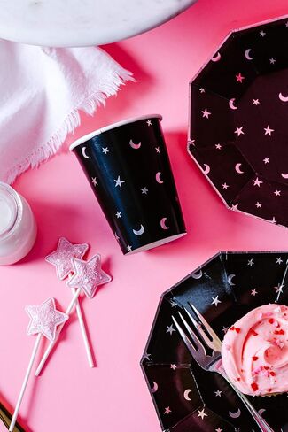 Disposable Party Witch Paper Plates - Moon Star Cups - Recyclable Birthday Moon and Stars, Witchy, Ghost Plates for Party - For Birthday, Goth Party, Cat Birthday -Black - 7inch (Set of 16) in Saudi Arabia