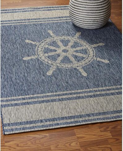 سجادة LR Home Captiva مقاس 8 × 10 للأماكن الداخلية/الخارجية لديكور المنزل | سجادة بحرية كبيرة الحجم لغرفة المعيشة وغرفة النوم وغرفة اللعب والفناء والحديقة | سجادة المزرعة الحديثة | أزرق / رمادي in Kuwait