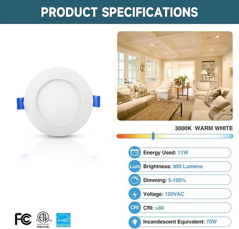 ECOELER 4 Inch Ultra-Thin LED Recessed Ceiling Light with Junction Box, 4000K Cool White, 11W 850Lm, Dimmable Canless Wafer Downlight, ETL and Energy Star Listed in Kuwait