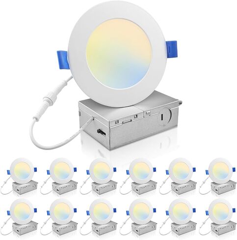 ECOELER 4 Inch Ultra-Thin LED Recessed Ceiling Light with Junction Box, 4000K Cool White, 11W 850Lm, Dimmable Canless Wafer Downlight, ETL and Energy Star Listed in Kuwait