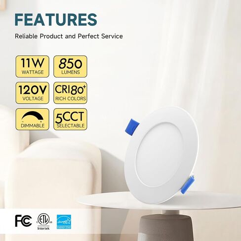 ECOELER 4 Inch Ultra-Thin LED Recessed Ceiling Light with Junction Box, 4000K Cool White, 11W 850Lm, Dimmable Canless Wafer Downlight, ETL and Energy Star Listed in Kuwait