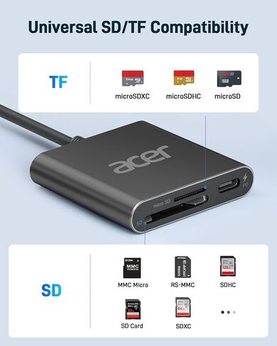 Acer UHS-II USB C SD Card Reader with 100W PD Port, 3-in-1 Type-C SD 4.0 Memory Card Reader Adapter for MicroSD SDXC SDHC MMC RS-MMC UHS-II & UHS-I Cards for iPhone 15, Macbook, Tablet, Camera(Silver) in Saudi Arabia