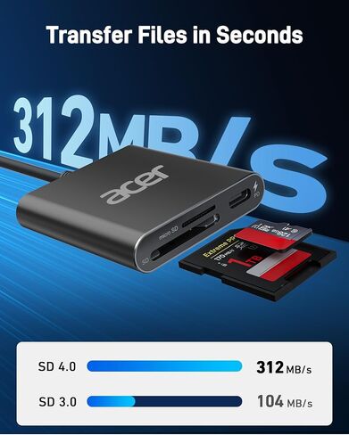 Acer UHS-II USB C SD Card Reader with 100W PD Port, 3-in-1 Type-C SD 4.0 Memory Card Reader Adapter for MicroSD SDXC SDHC MMC RS-MMC UHS-II & UHS-I Cards for iPhone 15, Macbook, Tablet, Camera(Silver) in Saudi Arabia