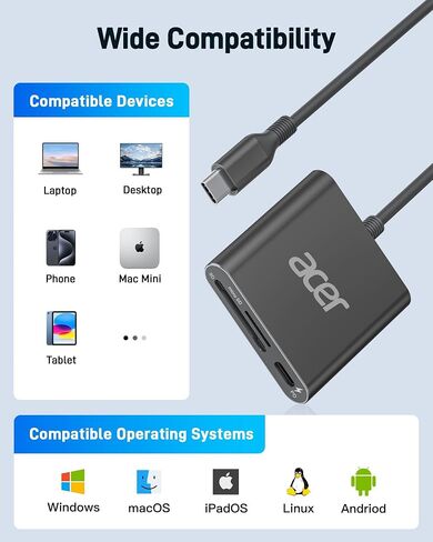 Acer UHS-II USB C SD Card Reader with 100W PD Port, 3-in-1 Type-C SD 4.0 Memory Card Reader Adapter for MicroSD SDXC SDHC MMC RS-MMC UHS-II & UHS-I Cards for iPhone 15, Macbook, Tablet, Camera(Silver) in Saudi Arabia