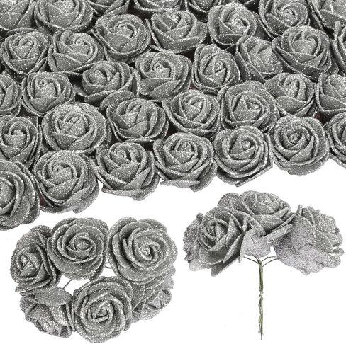 60pcs Mini Silver Glitter Foam Rose, 4.5cm Artificial Rose Flowers Bulk with Stem Shiny Foam Roses for Flower Wall Decor,Crafts, Wedding Bouquets Floral Arrangements,Party Home Decor(Silver) in Saudi Arabia
