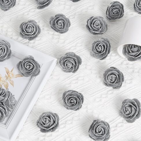 60pcs Mini Silver Glitter Foam Rose, 4.5cm Artificial Rose Flowers Bulk with Stem Shiny Foam Roses for Flower Wall Decor,Crafts, Wedding Bouquets Floral Arrangements,Party Home Decor(Silver) in Saudi Arabia