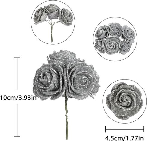 60pcs Mini Silver Glitter Foam Rose, 4.5cm Artificial Rose Flowers Bulk with Stem Shiny Foam Roses for Flower Wall Decor,Crafts, Wedding Bouquets Floral Arrangements,Party Home Decor(Silver) in Saudi Arabia