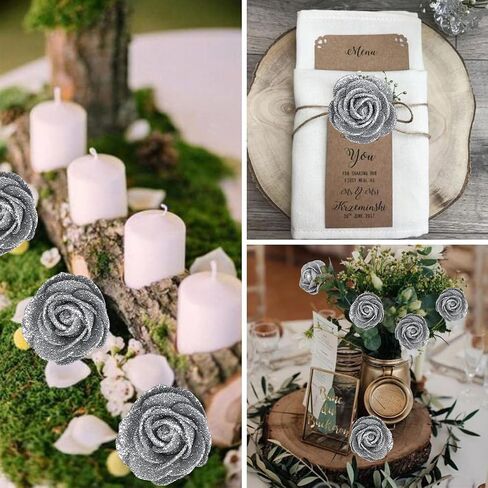 60pcs Mini Silver Glitter Foam Rose, 4.5cm Artificial Rose Flowers Bulk with Stem Shiny Foam Roses for Flower Wall Decor,Crafts, Wedding Bouquets Floral Arrangements,Party Home Decor(Silver) in Saudi Arabia