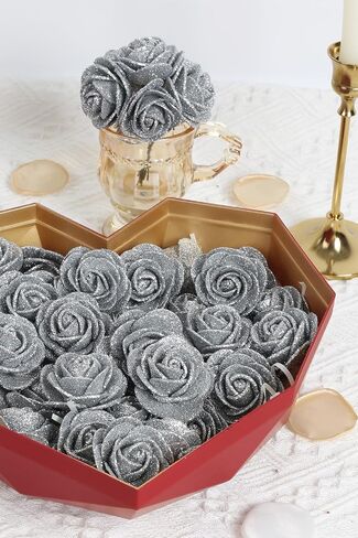 60pcs Mini Silver Glitter Foam Rose, 4.5cm Artificial Rose Flowers Bulk with Stem Shiny Foam Roses for Flower Wall Decor,Crafts, Wedding Bouquets Floral Arrangements,Party Home Decor(Silver) in Saudi Arabia