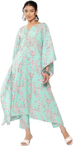 Janasya Indian Women's Sea Green Crepe Digital Printed Kaftan with Pants in Saudi Arabia