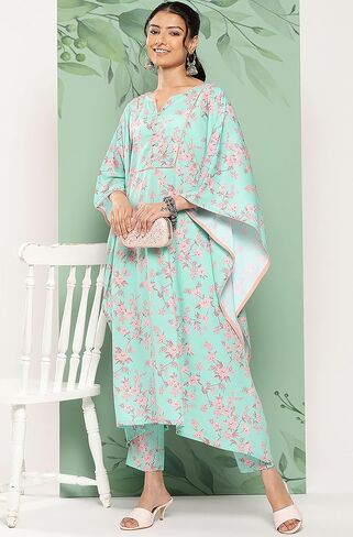 Janasya Indian Women's Sea Green Crepe Digital Printed Kaftan with Pants in Saudi Arabia