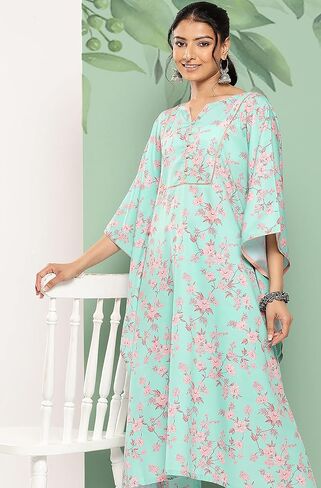Janasya Indian Women's Sea Green Crepe Digital Printed Kaftan with Pants in Saudi Arabia