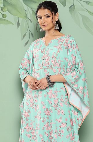 Janasya Indian Women's Sea Green Crepe Digital Printed Kaftan with Pants in Saudi Arabia