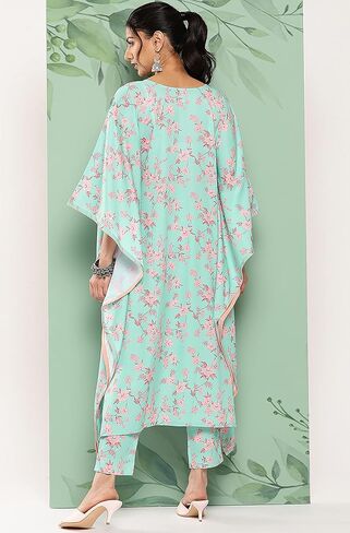 Janasya Indian Women's Sea Green Crepe Digital Printed Kaftan with Pants in Saudi Arabia