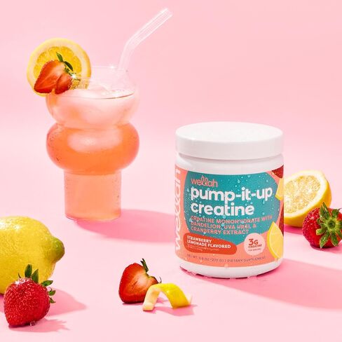 Wellah Pump-It-Up Creatine (50 حصة، عصير الليمون بالفراولة) - كرياتين مونوهيدرات مع الهندباء، وأوفا أورسي، ومستخلص التوت البري in Kuwait