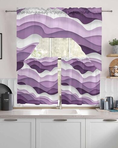 Purple Ombre Kitchen Curtains Swag Valance and Tier Curtains Set 24 Inch Length, Rod Pocket Drape Panels Pair Swag Curtains for Bathroom/Cafe/Window Modern Geometric Moire Abstract Art in Saudi Arabia