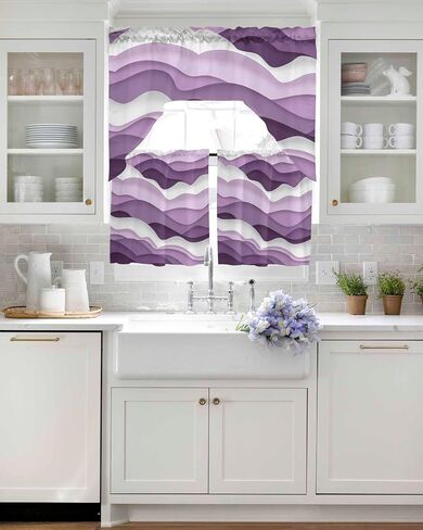 Purple Ombre Kitchen Curtains Swag Valance and Tier Curtains Set 24 Inch Length, Rod Pocket Drape Panels Pair Swag Curtains for Bathroom/Cafe/Window Modern Geometric Moire Abstract Art in Saudi Arabia