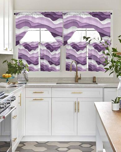 Purple Ombre Kitchen Curtains Swag Valance and Tier Curtains Set 24 Inch Length, Rod Pocket Drape Panels Pair Swag Curtains for Bathroom/Cafe/Window Modern Geometric Moire Abstract Art in Saudi Arabia