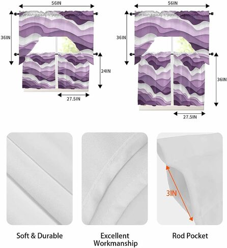Purple Ombre Kitchen Curtains Swag Valance and Tier Curtains Set 24 Inch Length, Rod Pocket Drape Panels Pair Swag Curtains for Bathroom/Cafe/Window Modern Geometric Moire Abstract Art in Saudi Arabia